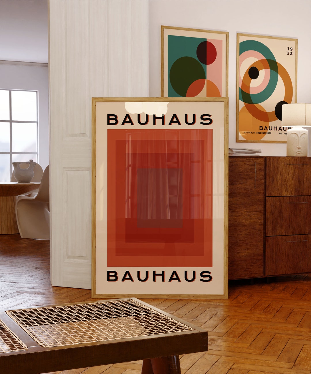 Bauhaus Retro Geometric Poster, Mid Century Modern Wall Art, Vintage Exhibition Art Print in Red ...
