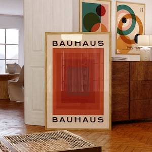 Cartel geométrico retro Bauhaus, arte de pared moderno de mediados de siglo, impresión de arte de exposición vintage en rojo, decoración de sala de estar moderna Descarga digital