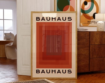 Bauhaus Retro Geometric Poster, Mid Century Modern Wall Art, Vintage Exhibition Art Print in Red, Modern Living Room Decor Digital Download