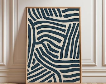 Minimalist Printable Wall Art, Boho Japandi Print, Abstract Contemporary Art, Painted Stripes in Blue, Trendy Poster, Digital Download