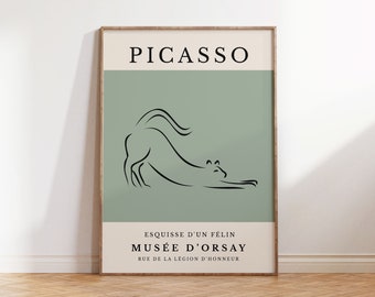 Picasso Cat Line Art Print, Animal Sketch Exhibition Poster, Sage Green Minimalist Wall Art Digital Download