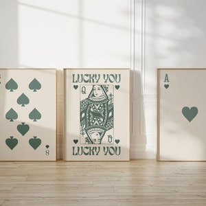 Lucky You Poster Set of 3, Queen of Hearts and Ace, Sage Green Retro Trendy Prints, Eclectic Wall Art Digital Download