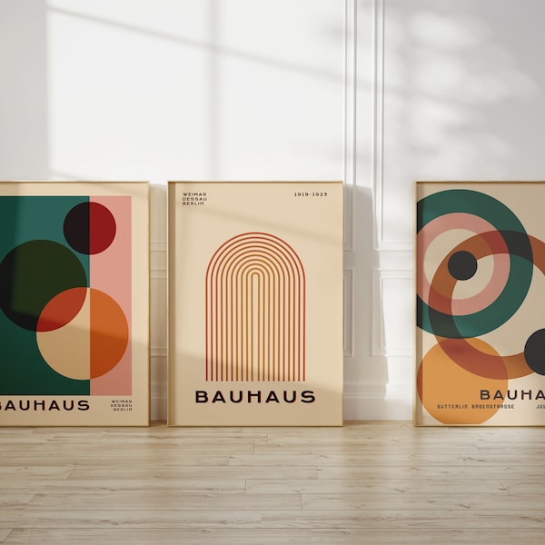 Bauhaus Set of 3 Prints, Vintage Mid Century Modern Posters, Retro Geometric Gallery Wall Set, 3 Piece Trendy Wall Decor Digital Download