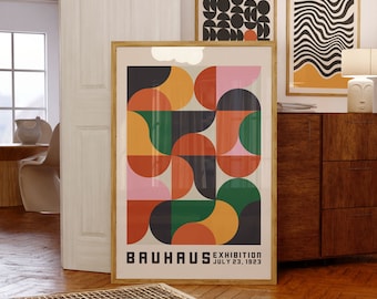 Bauhaus-Ausstellungsplakat 1923, farbenfrohe moderne Wandkunst aus der Mitte des Jahrhunderts, geometrischer maximalistischer trendiger Druck, Wohnzimmer-Dekor, digitaler Download