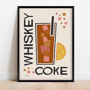 Cartel de cóctel retro Whisky Coke, póster de cocina moderna de mediados de siglo, decoración de bar colorida vintage descarga digital