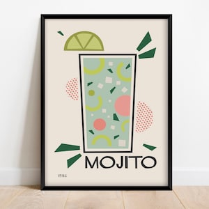 Póster de cóctel retro Mojito, póster de cocina moderna de mediados de siglo, decoración de bar colorida vintage descarga digital