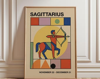 Sagittarius Art Print, Astrology Wall Art, Retro Bauhaus Style Poster, Mid Century Modern Art, Zodiac Sign Gift, Digital Download