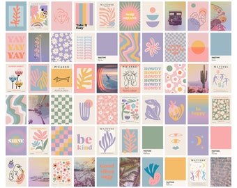 Funky Wall Art Collage Kit, Danish Pastel Preppy Room Decor, Set of 60 Colorful Digital Prints 5x7 Instant Download