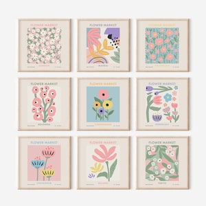 Flower Market Gallery Wall Set of 9 Square Prints in Danish Pastel Tones, Floral Botanical Girly Wall Art Digital Download