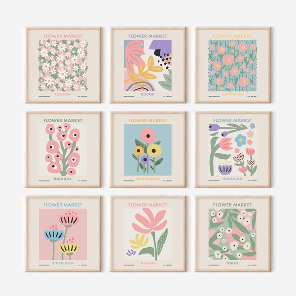 Flower Market Gallery Wall Set of 9 Square Prints in Danish Pastel Tones, Floral Botanical Girly Wall Art Digital Download
