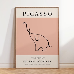 Picasso Elephant Art Print, Minimalist Animal Sketch in Pink, Museum Exhibition Poster Digital Download