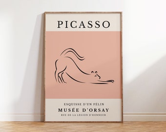 Picasso Cat Line Art Print, Pink Minimalist Wall Art, Picasso Animal Sketch Exhibition Poster Digital Download