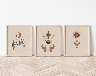 Set of 3 Celestial Boho Digital Prints, Mystic Moon Sun Stars in Earth Tones