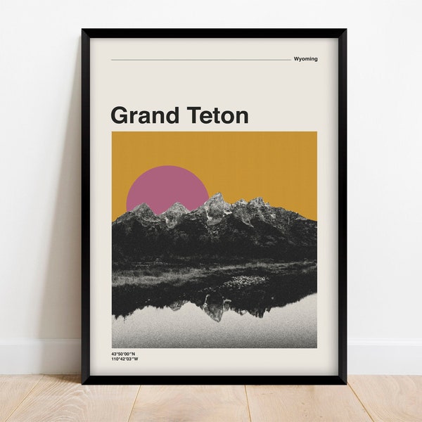 Grand Teton National Park Retro Reiseposter, Mid Century Modern Digitaldruck, Wyoming Mountains Wandkunst Digitaler Download