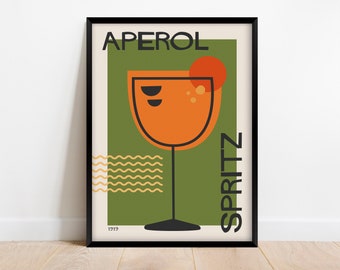 Aperol Spritz Cocktail Art Print, Retro Colorful Kitchen Poster, Mid Century Modern Bar Decor Digital Download, Green and Orange