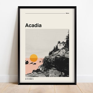 Acadia National Park Poster, Retro Travel Digital Print, Mid Century Modern Wall Art, Geometric Bauhaus Style, Digital Download