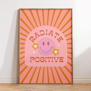 Funky Retro Wall Art, Groovy Affirmation Print, 60's 70s Aesthetic Hippie Room Decor, Radiate Positive Orange Pink Poster Descarga digital
