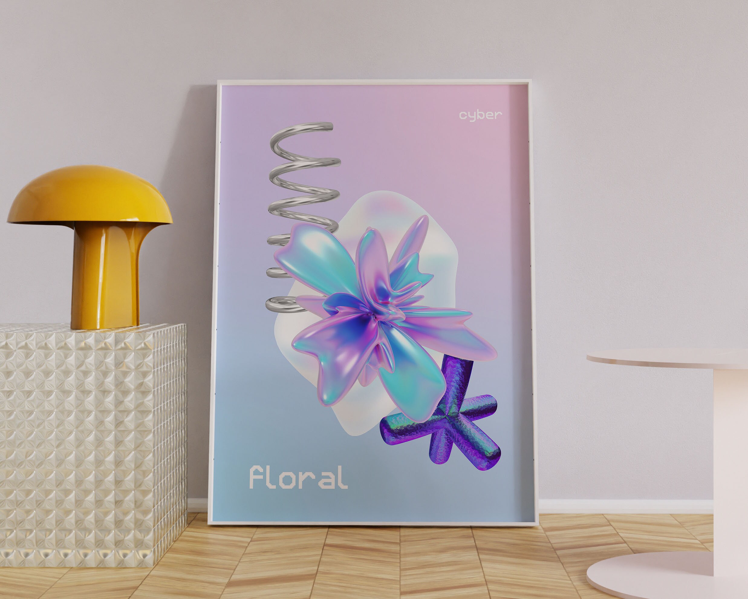 2000s Cyber Floral Wall Art, Y2k Aesthetic Room Decor, Psychedelic