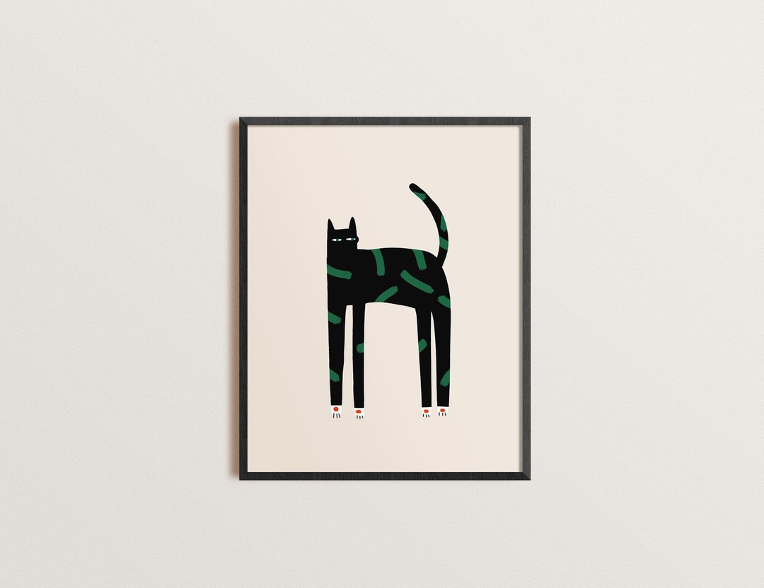 Retro Black Cat Print, Mid Century Modern Art, Boho Printable Wall Art ...