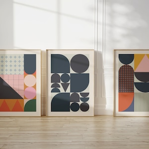 Conjunto retro geométrico ecléctico de 3 impresiones, coloridos carteles abstractos de la Bauhaus en descarga digital de estilo moderno de mediados de siglo