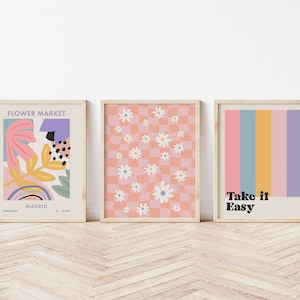 Funky Wandkunst 3er Set, Bunte dänische Pastell Digitaldrucke, inspirierende Zitate, Blumenmarkt und karierte Floral Digital Download