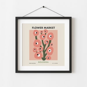 Flower Market Bologna Italy Print, Retro Botanical Square Travel Poster, Colorful Floral Eclectic Wall Art Digital Download