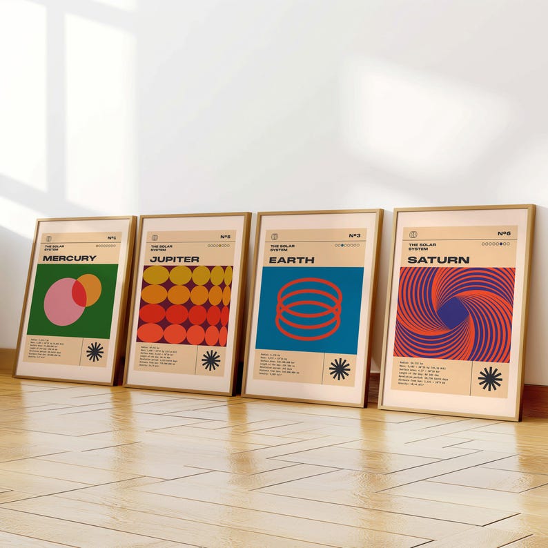 May include: Four framed posters with gold-colored frames, each featuring a different planet from the solar system. The posters have a retro design with geometric shapes and the planet's name. The posters are leaning against a white wall.