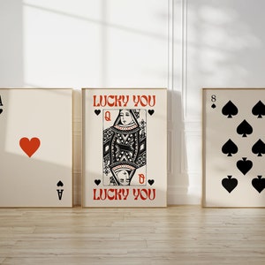 Lucky You Poster Set of 3, Queen of Hearts and Ace Playing Cards, Retro Trendy Prints in Black and Red, Eclectic Wall Art Digital Download