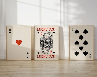 Lucky You Poster Set of 3, Queen of Hearts and Ace Playing Cards