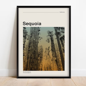 Sequoia National Park Print, Retro Travel Poster in Mid Century Modern Style, Forest Landscape Wall Art Digital Download