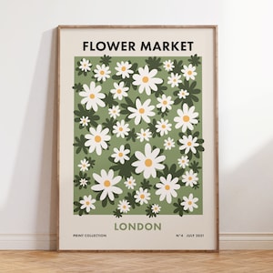 Flower Market London, Green Ditsy Digital Print, Retro Daisy Poster in Multiple Sizes