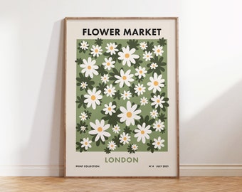 Flower Market London, Green Ditsy Digital Print, Retro Daisy Poster in Multiple Sizes