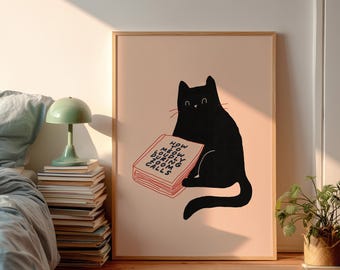 Funny Black Cat Reading Cute Book Lover Print Retro Bookish Poster Preppy Wall Art Girly Pink College Dorm Decor Cool Teen Room Decor