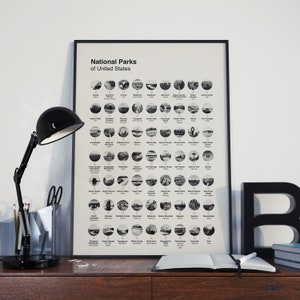 US National Park Checklist, Minimalist Travel Poster Digital Print, Travel Gift, Retro Black and White Vintage Digital Download