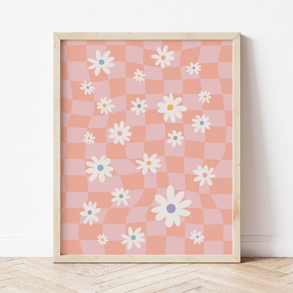 Floral Checkered Digital Print, Retro Pink Wall Art, Danish Pastel Flowers Poster, Digital Download