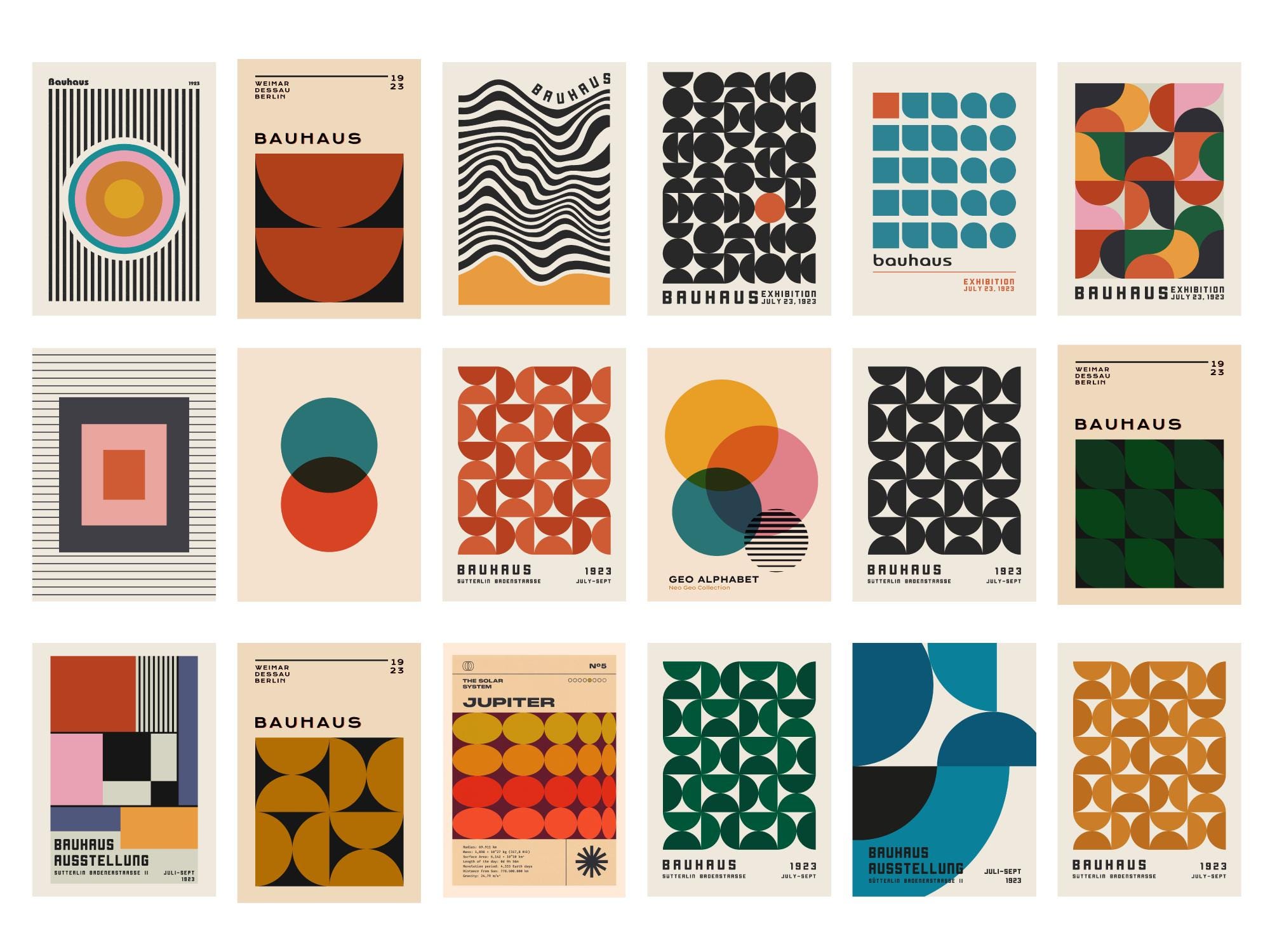Retro Wall Art Geometric Set of 36 Prints Bauhaus Mid Century Modern ...