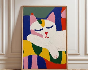 Quirky Cat Wall Art Dopamine Decor Whimsical Cat Print Colorful Painting Eclectic Maximalist Wall Decor Sleeping Cat Poster Digital Download