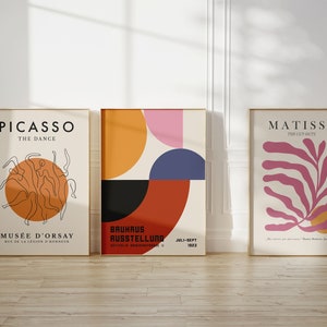 Eclectic Set of 3 Prints, Trendy Colorful Exhibition Posters, Matisse Bauhaus and Picasso, Mid Century Modern Art Digital Download