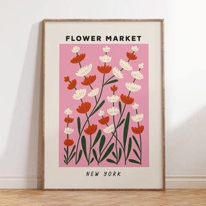 Flower Market Poster New York, Girly Floral Wall Art, Pink Botanical Print, Preppy Room Decor, Teen College Dorm Decor Digital Download