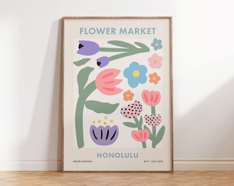 Flower Market Print Honolulu, Danish Pastel Retro Floral Digital Print, Colorful Scandinavian Flower Poster Digital Download