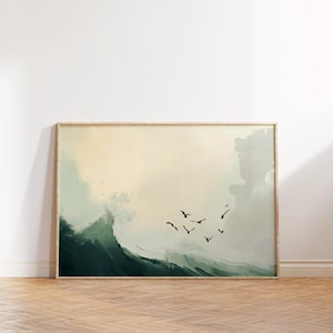 Peut inclure: Impression d'art abstrait représentant une vague océanique stylisée dans des tons de vert et de blanc, avec un vol d'oiseaux noirs. L'œuvre est encadrée dans un cadre en bois clair, créant une esthétique sereine et naturelle.