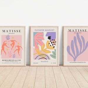 Henri Matisse y Flower Market Set de 3 grabados, arte de pared rosa y cartel de exposición lila Descarga instantánea