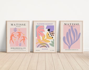 Henri Matisse und Blumenmarkt Set mit 3 Drucken, rosa Wandkunst und fliederfarbenem Ausstellungsplakat, sofortiger Download