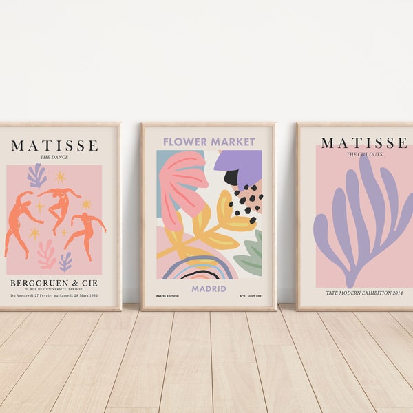 Henri Matisse und Blumenmarkt Set mit 3 Drucken, rosa Wandkunst und fliederfarbenem Ausstellungsplakat, sofortiger Download