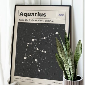 Puede incluir: P&oacute;ster en blanco y negro con el texto "Aquarius" y "Friendly, independent, original." El p&oacute;ster tambi&eacute;n incluye un gr&aacute;fico de constelaci&oacute;n y las fechas "January 20 - February 18" y "Element: Air."