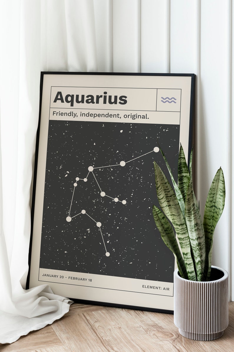 Puede incluir: P&oacute;ster en blanco y negro con el texto "Aquarius" y "Friendly, independent, original." El p&oacute;ster tambi&eacute;n incluye un gr&aacute;fico de constelaci&oacute;n y las fechas "January 20 - February 18" y "Element: Air."