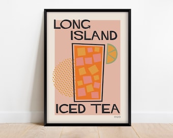 Impresión de cóctel de té helado Long Island, póster de cocina retro colorido, decoración de bar moderna de mediados de siglo, descarga digital