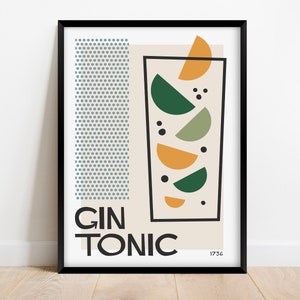 Gin Tonic Cocktail Art Print, Minimalist Mid Century Modern Bar Decor, Retro Kitchen Poster Digital Download