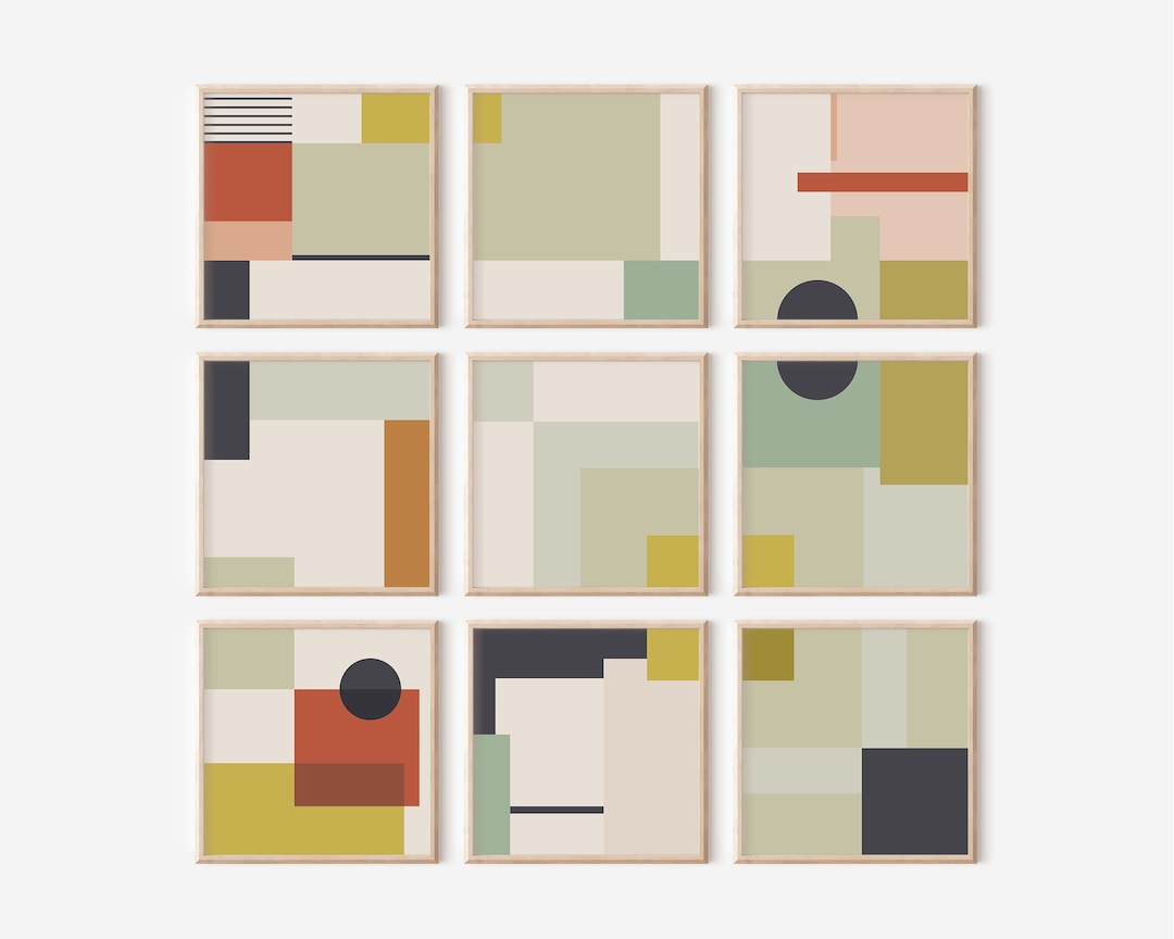 Retro Geometric Set of 9 Square Prints, Mid Century Modern Retro ...