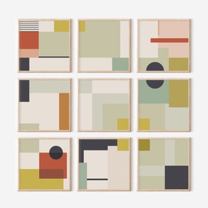 Conjunto geométrico retro de 9 impresiones cuadradas, carteles retro modernos de mediados de siglo, bloques de color vintage Descarga digital de arte de pared